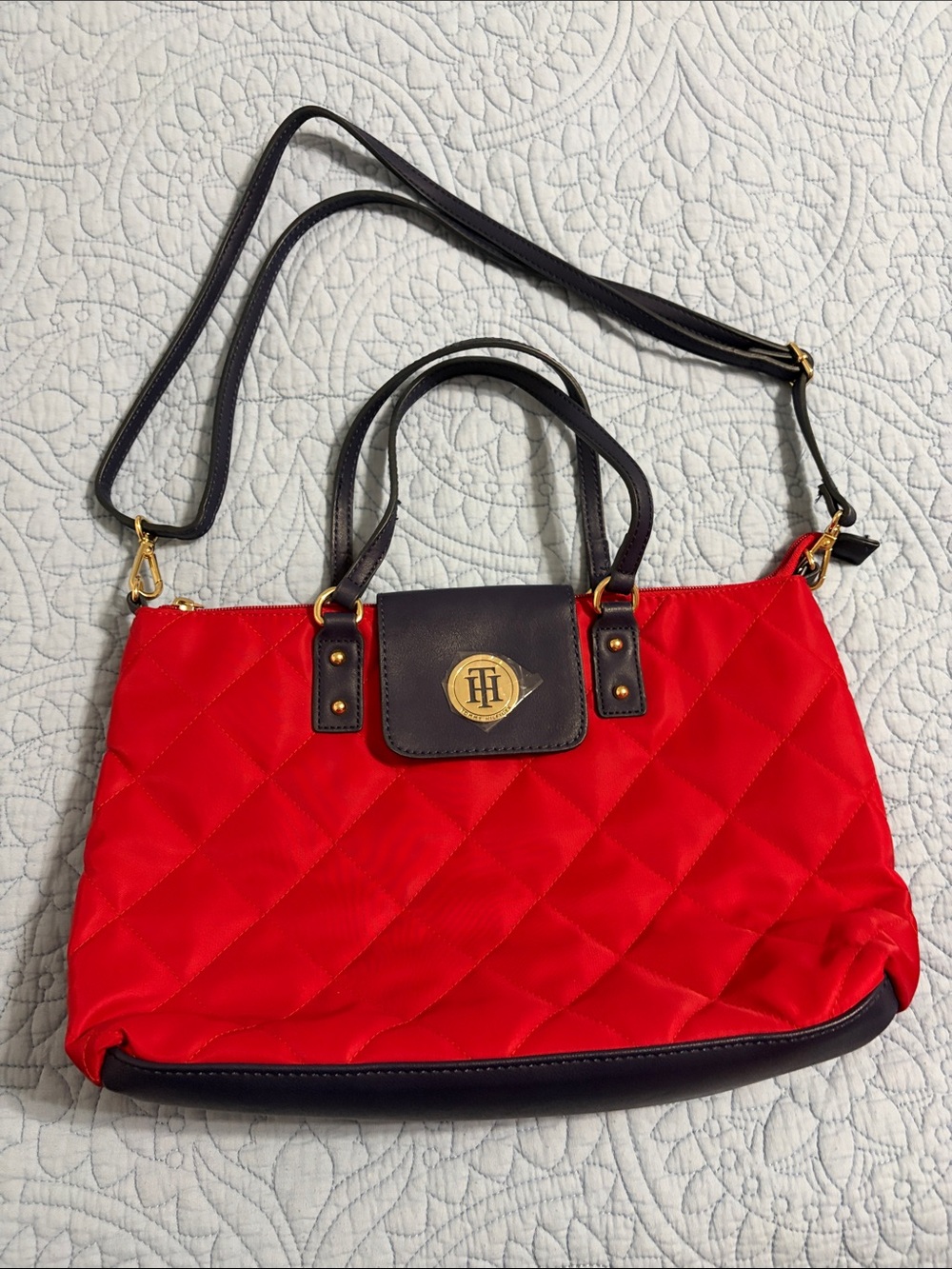 Tommy Hilfiger Quilted Red Shoulder Bag with Navy Accents